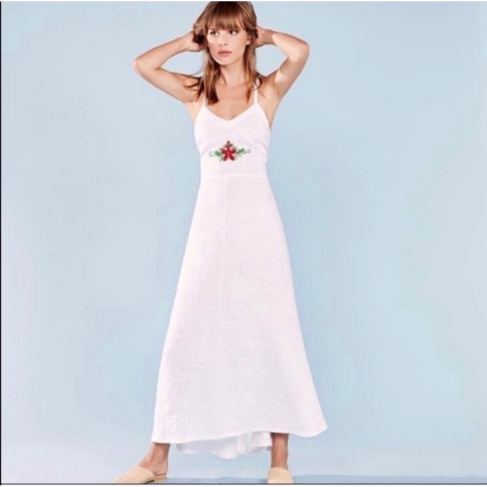 Reformation Shelly Embroidered White Linen Summer Maxi Sun Dress Sz‎ 0